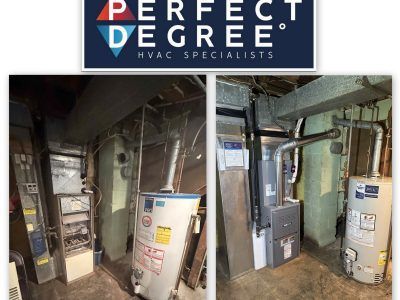 HVAC equipment before and after replacement; basement setting.