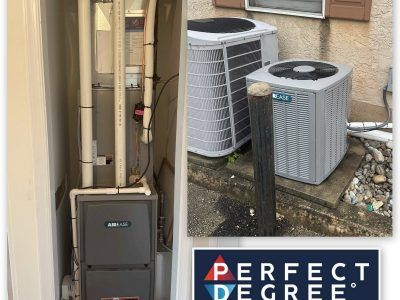 Furnace and AC units by Perfect Degree. Gray appliances, interior and exterior.