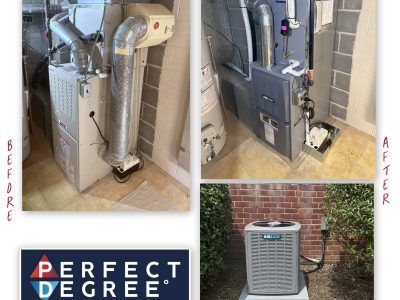 Before/after view of HVAC system: furnace and air conditioner, replaced by Perfect Degree.