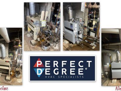 Before-and-after of HVAC system upgrades. Old equipment is dirty and replaced with clean, modern units in a basement.