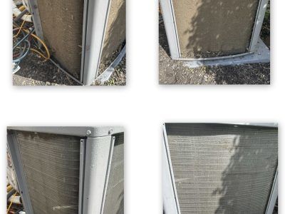 Four close-up views of an evaporative cooler pad, showing dusty filter within a metal frame.