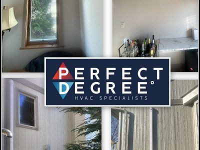 Logo for Perfect Degree HVAC Specialists over interior home images.