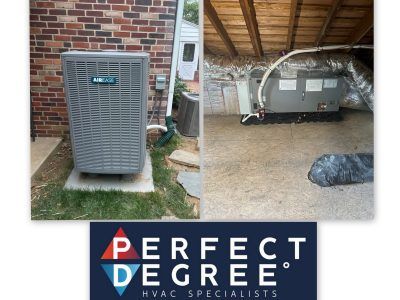 Two HVAC units: one outside next to a brick wall, one inside an attic. Company logo below.