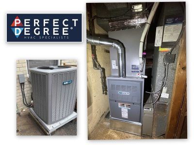 Air conditioning unit and furnace installed by Perfect Degree HVAC Specialists.