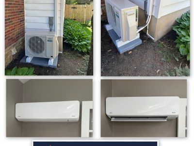 Four images showing an outdoor and indoor mini-split HVAC system; white and beige units mounted on walls and platforms.