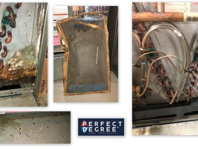 Dirty HVAC components: filter, coil, and pan. Brown debris and rust visible.