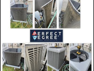 AC unit before and after cleaning; dirt and debris removed. HVAC service from Perfect Degree.