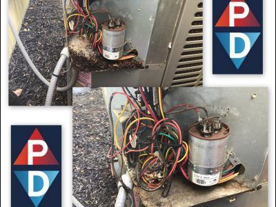 Close-up of an AC unit's internal wiring, capacitor, and debris. Includes two logos.