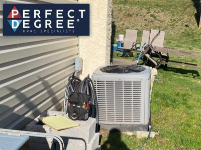 An HVAC unit next to a house with tools and a clipboard on a concrete block in a sunny setting.