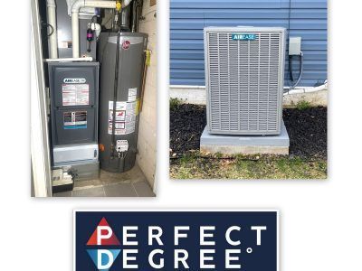 Heating and cooling equipment, including a furnace, water heater, and AC unit, with the company logo.