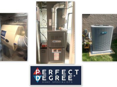 HVAC equipment: humidifier, furnace, and air conditioner.