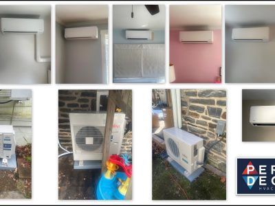 Mini-split air conditioning units installed inside and outside various homes.