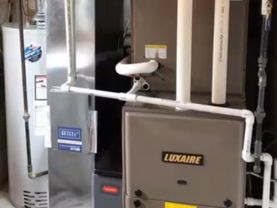 A water heater and a Luxaire furnace with white PVC pipes are in an enclosed utility space.