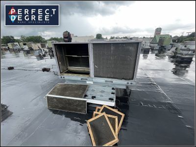 An HVAC unit on a flat rooftop with replaced filters, cloudy sky, and wet surfaces.