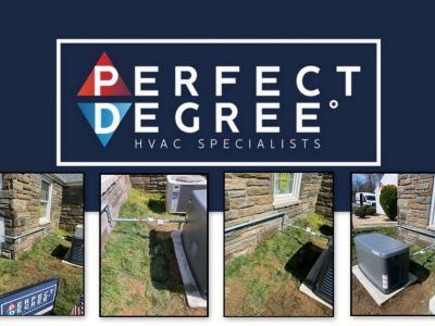 Perfect Degree HVAC Specialists logo above photos of an AC unit installation next to a stone building.