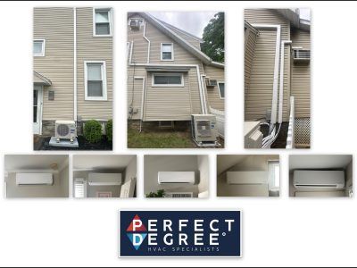 Photos of HVAC installation: exterior units on beige house, interior wall units. Perfect Degree logo at bottom.