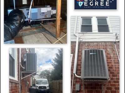 HVAC installation photos: attic unit, wall-mounted outdoor units, service van.
