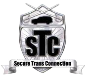 Silver shield logo with "STC" and "Secure Trans Connection" text, a vehicle silhouette, and crossed golf clubs.