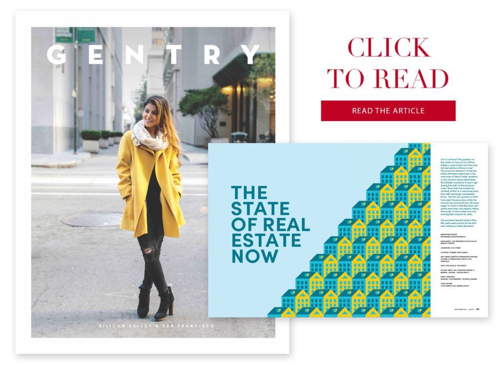Magazine cover with woman in yellow coat; blue real estate graphic with text; red button 
