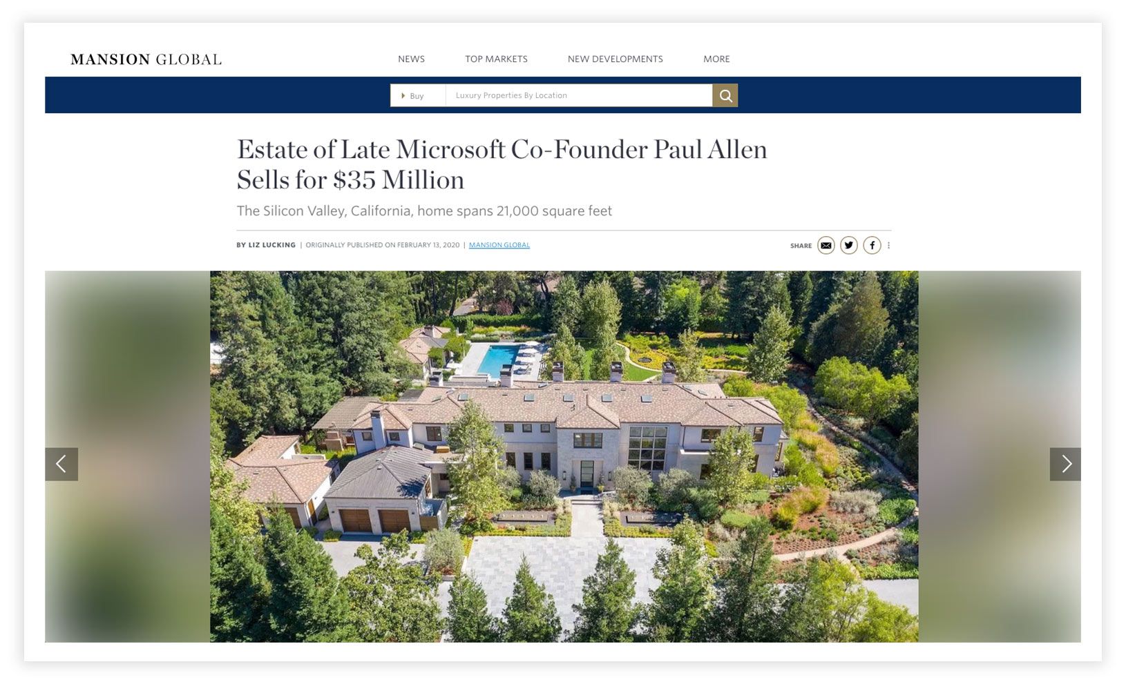 Estate of late Microsoft co-founder Paul Allen sells for $35 million. Mansion with pool surrounded by trees.