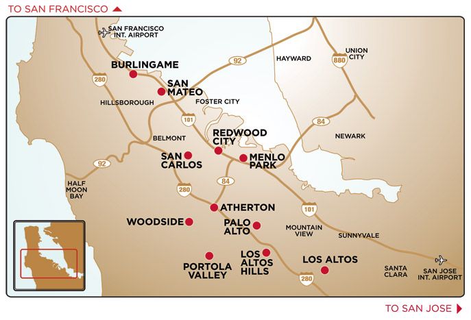 Map of the San Francisco Bay Area, with cities like San Mateo, Redwood City, and Palo Alto marked.