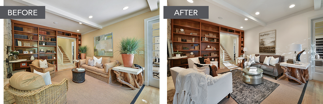 Before-and-after of a living room. The 