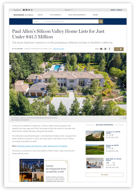 Article about Paul Allen's Silicon Valley home, showcasing a large luxury property with a pool.