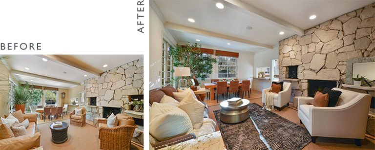 Living room remodel: Before and after. Stone wall, fireplace, seating areas, dining table with orange chairs.