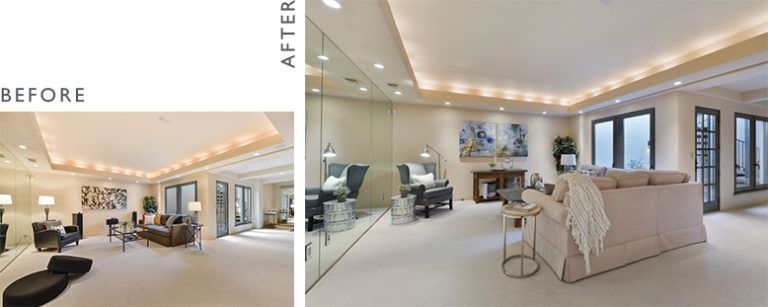 Before and after living room transformation: neutral color palette, new furniture, improved lighting.