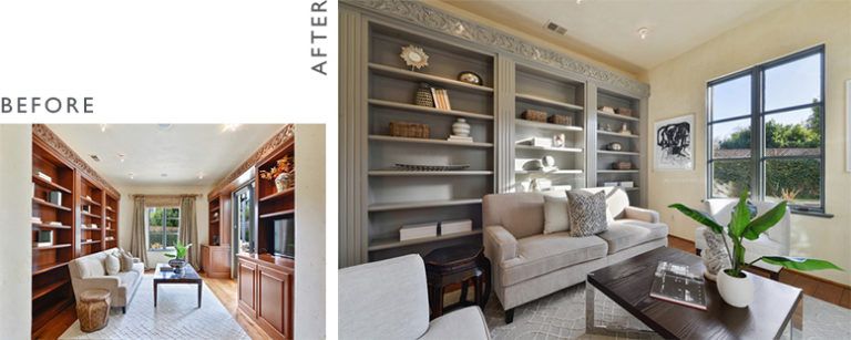 Before and after of a living room transformation with bookcases, couch, and window.