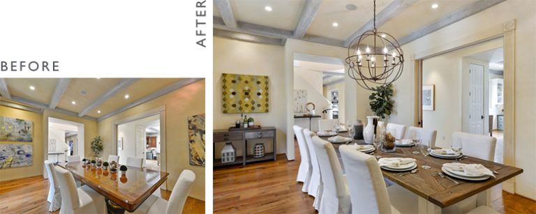 Before-and-after dining room photos.  Before: long table, art.  After: new table, chandelier, neutral decor.