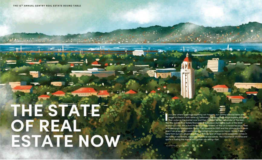 Watercolor of a city with a tall tower. Text reads: 