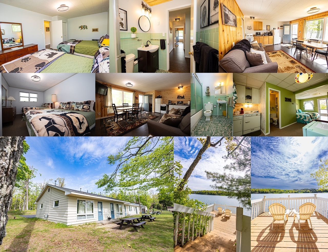 A collage of pictures of a house with a lake in the background.