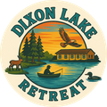 The logo for dixon lake retreat shows a man in a boat fishing.
