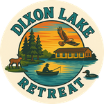 The logo for dixon lake retreat shows a man in a boat fishing.