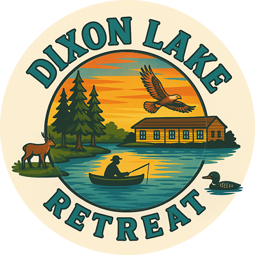 The logo for dixon lake retreat shows a man in a boat fishing.