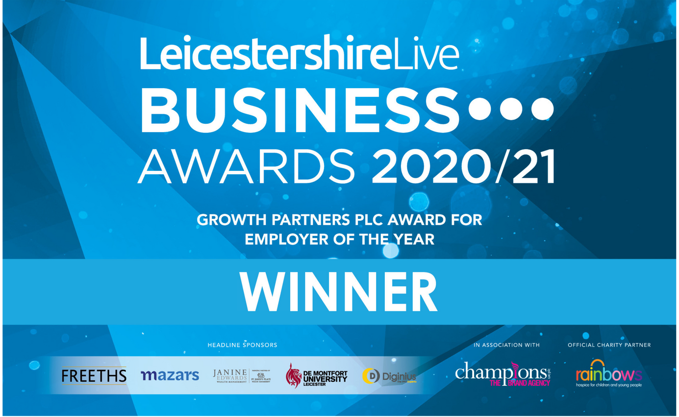 a blue sign that says leicestershire live business awards 2020/21