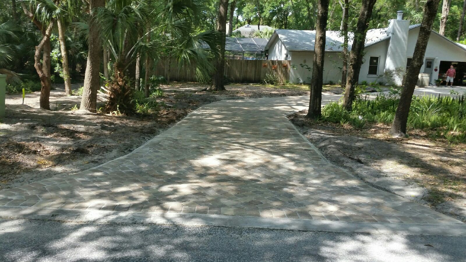 A driveway leading to a house surrounded by trees.