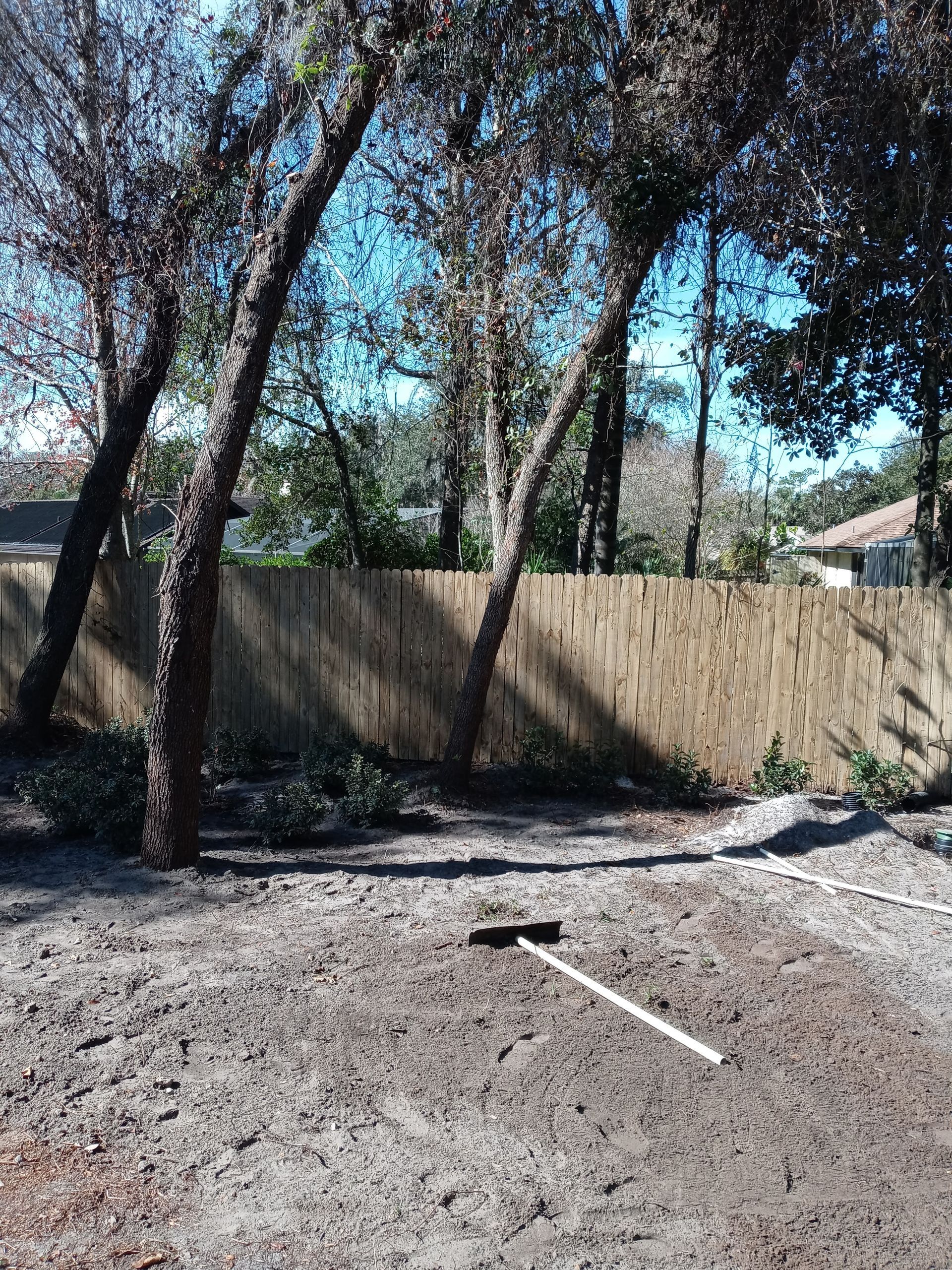 A wooden fence is surrounded by trees and dirt in a backyard.