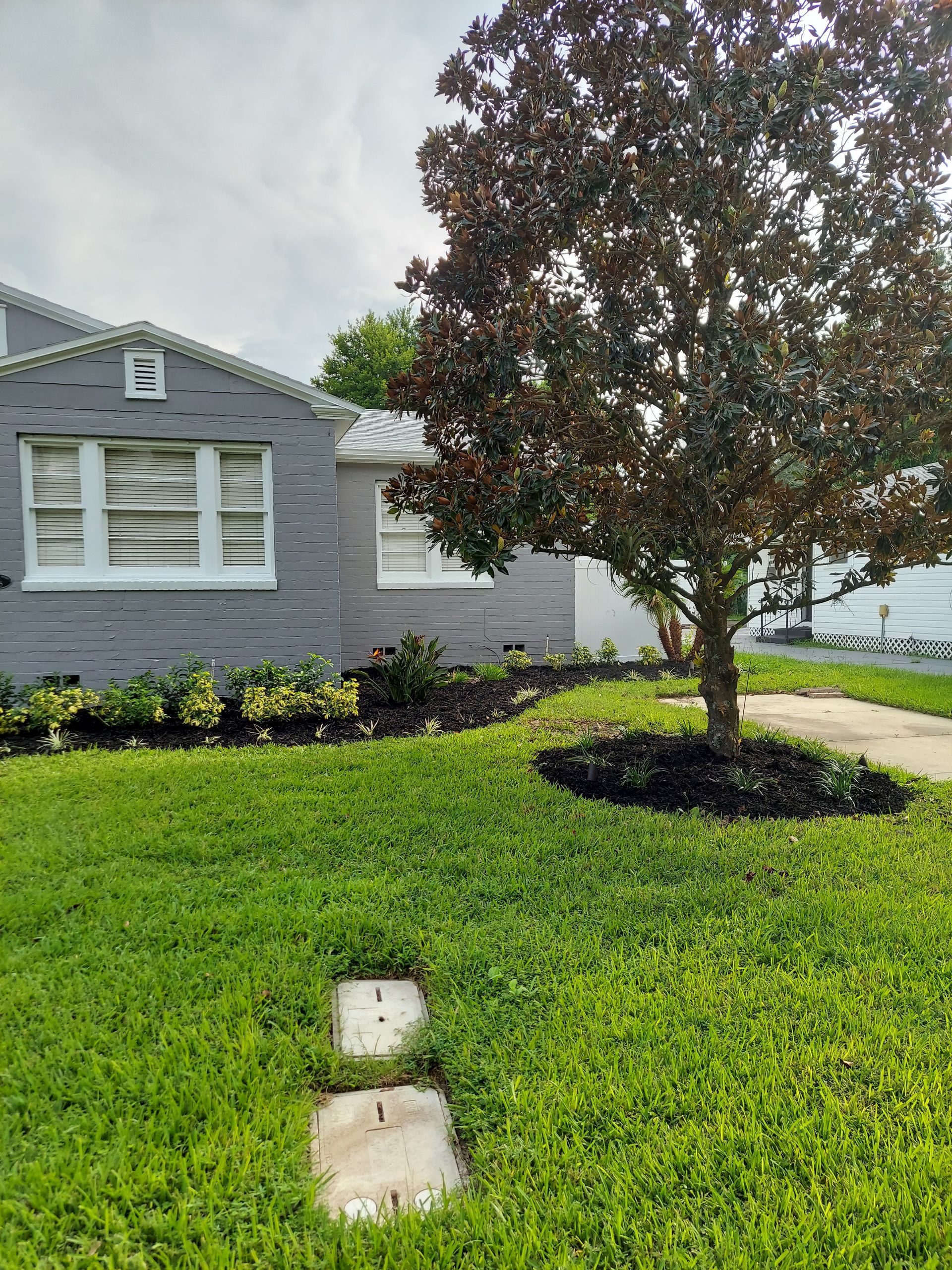 A gray house with a tree in front of it