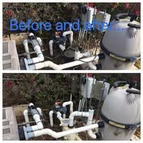 A before and after photo of a swimming pool filter.