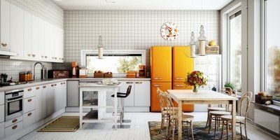 A kitchen with white cabinets , a yellow refrigerator , a table and chairs.