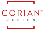 A red and white logo for corian design on a white background.