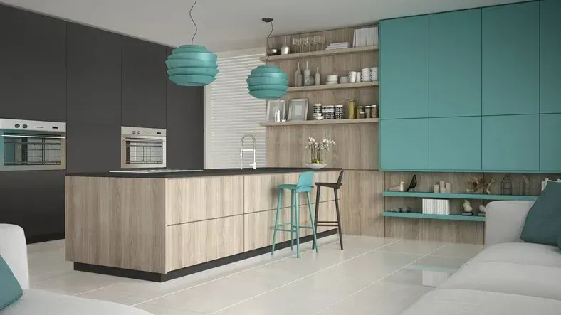 A modern kitchen with turquoise cabinets and wooden cabinets