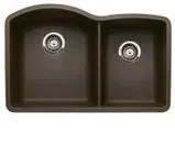 A brown kitchen sink with two drains on a white background.