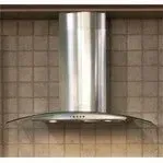 A stainless steel hood is hanging on a tiled wall.
