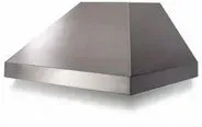 A stainless steel hood is sitting on a white surface.