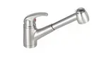 A close up of a kitchen faucet on a white background.