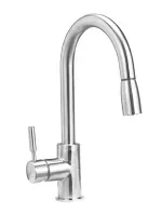 A close up of a kitchen faucet on a white background.