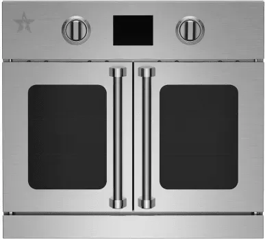 A stainless steel oven with two doors and a star on the top